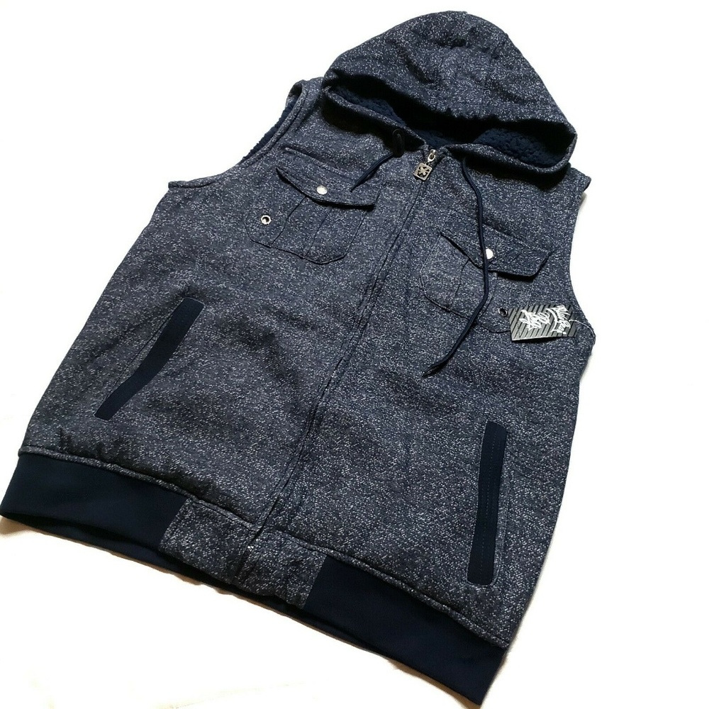 Large Navy Blue Hooded Zip UP Soft Vest